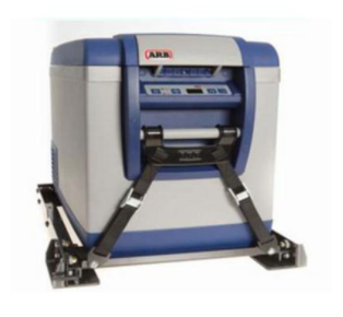 Image of ARB portable fridge secured with tie-down mounting kit, blue and gray fridge unit with black metal brackets, front angled view on white background.