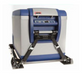 Image of ARB portable fridge secured with tie-down mounting kit, blue and gray fridge unit with black metal brackets, front angled view on white background.