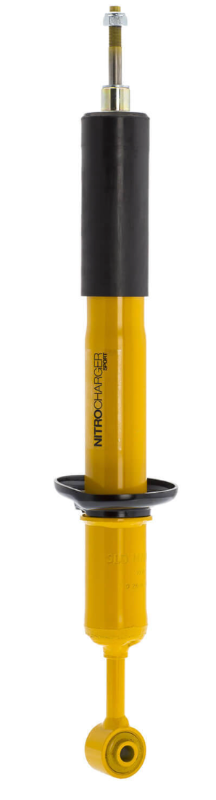 Image of a yellow Nitrocharger Sport shock absorber with a black protective boot, centered on a white background.