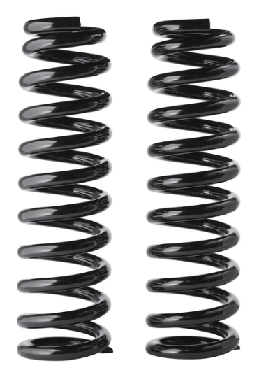 Image of two tall, black coil springs, front view on a white background.