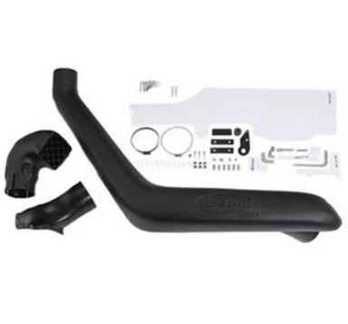 Image of an ARB Safari Snorkel kit, featuring the main black snorkel pipe, additional black piping, various clamps, bolts, and templates, all laid out against a white background. This kit is designed to provide clean air to a vehicle's engine in dusty or wet conditions