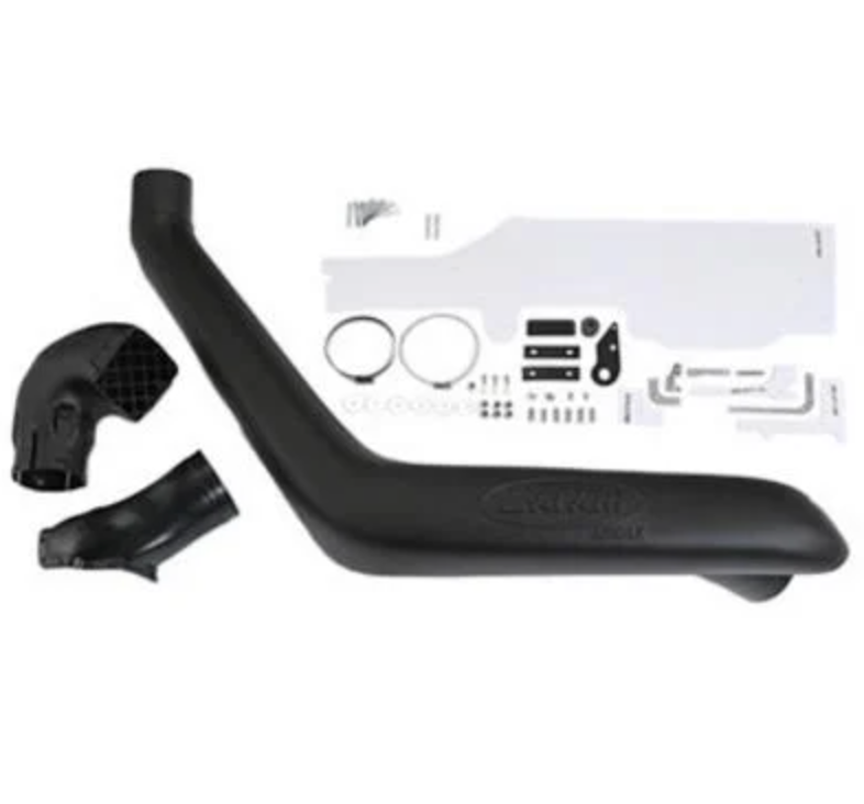 Image of an ARB Safari Snorkel kit, featuring the main black snorkel pipe, additional black piping, various clamps, bolts, and templates, all laid out against a white background. This kit is designed to provide clean air to a vehicle's engine in dusty or wet conditions