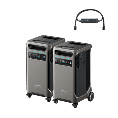 Image of two Anker SOLIX F3800 portable power stations with wheels and digital displays, paired with a dual power hub cable accessory, shown in a front three-quarter view on a transparent background.