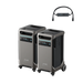 Image of two Anker SOLIX F3800 portable power stations with wheels and digital displays, paired with a dual power hub cable accessory, shown in a front three-quarter view on a transparent background.