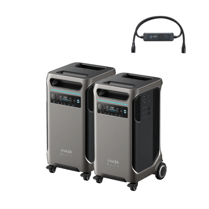 Image of two Anker SOLIX F3800 portable power stations with wheels and digital displays, paired with a dual power hub cable accessory, shown in a front three-quarter view on a transparent background.