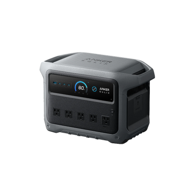 Image of an Anker SOLIX C1000 Gen 2 Portable Power Station, dark gray and black, showing the front display at 80% charge and the side with five AC power outlets, angled on a black background.