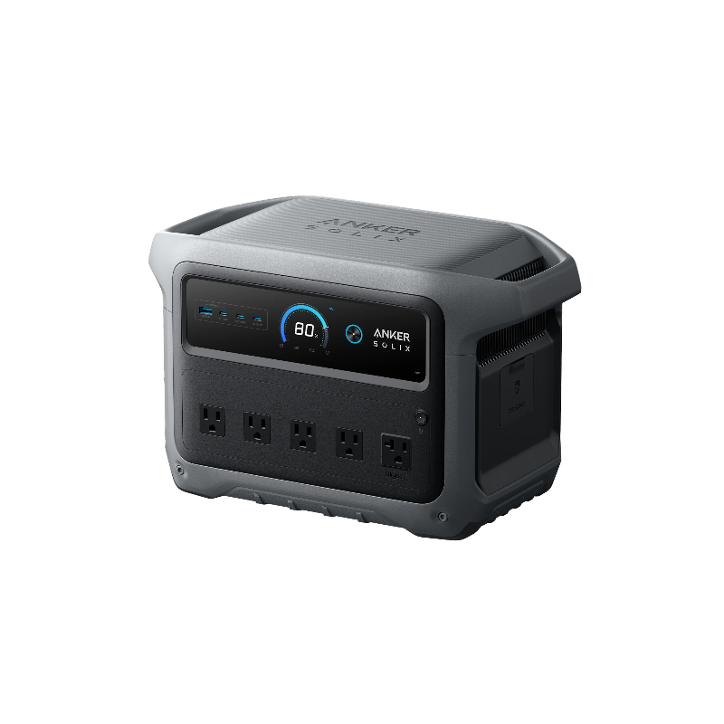 Image of an Anker SOLIX C1000 Gen 2 Portable Power Station, dark gray and black, showing the front display at 80% charge and the side with five AC power outlets, angled on a black background.