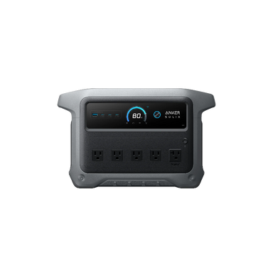 Image of an Anker SOLIX C1000 Gen 2 Portable Power Station, dark gray and black, showing the front display at 80% charge with input/output ports and five AC power outlets, angled on a black background.