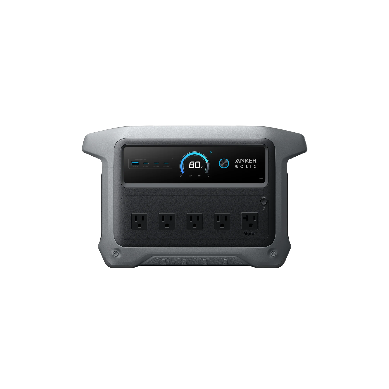 Image of an Anker SOLIX C1000 Gen 2 Portable Power Station, dark gray and black, showing the front display at 80% charge with input/output ports and five AC power outlets, angled on a black background.