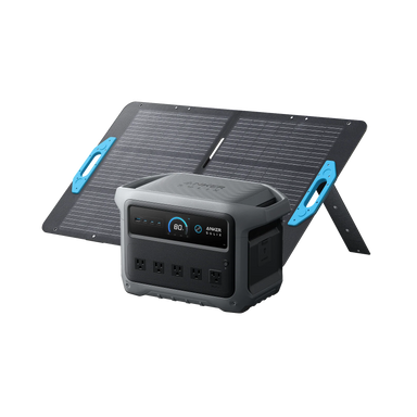 Image of Anker SOLIX C1000 Gen 2 portable power station positioned in front of a foldable 100W solar panel, gray power unit with front-facing display and outlets, angled front view on black background.