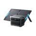 Image of Anker SOLIX C1000 Gen 2 portable power station positioned in front of a foldable 100W solar panel, gray power unit with front-facing display and outlets, angled front view on black background.