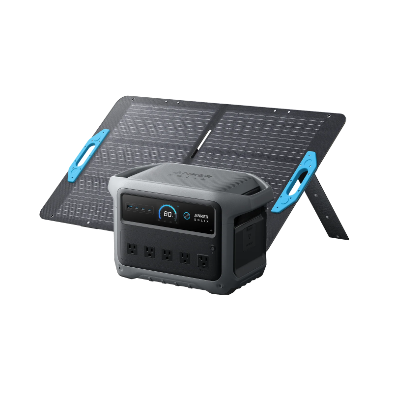 Image of Anker SOLIX C1000 Gen 2 portable power station positioned in front of a foldable 100W solar panel, gray power unit with front-facing display and outlets, angled front view on black background.