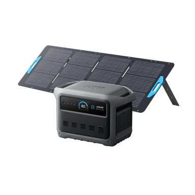 Image of Anker SOLIX C1000 Gen 2 portable power station paired with a foldable solar panel, dark gray power unit with front display and multiple outlets positioned in front of a wide solar panel, angled front and side view on black background.