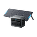 Image of Anker SOLIX C1000 Gen 2 portable power station paired with a foldable solar panel, dark gray power unit with front display and multiple outlets positioned in front of a wide solar panel, angled front and side view on black background.