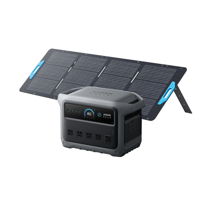Image of Anker SOLIX C1000 Gen 2 portable power station paired with a foldable solar panel, dark gray power unit with front display and multiple outlets positioned in front of a wide solar panel, angled front and side view on black background.
