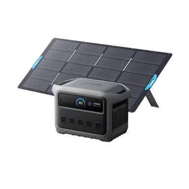 Image of Anker SOLIX C1000 Gen 2 portable power station paired with a large foldable solar panel array, gray power unit with digital display and multiple outlets positioned in front of expanded solar panels, angled front and side view on black background.