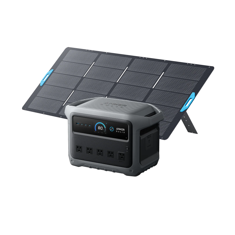 Image of Anker SOLIX C1000 Gen 2 portable power station paired with a large foldable solar panel array, gray power unit with digital display and multiple outlets positioned in front of expanded solar panels, angled front and side view on black background.