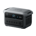Image of Anker SOLIX portable power station with digital display and multiple AC outlets, rugged gray casing, front angled view on black background.