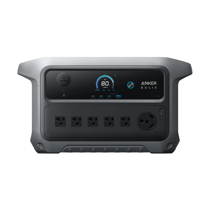 Image of Anker SOLIX portable power station with digital LCD display, multiple AC outlets and car socket, rugged gray housing, straight-on front view on black background.