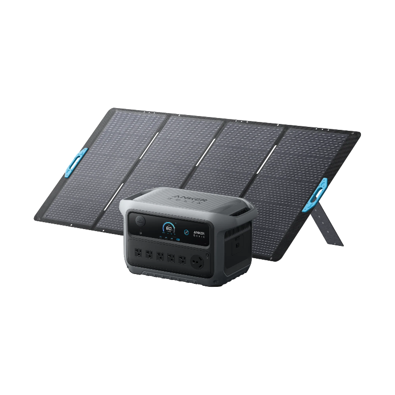 Image of Anker SOLIX portable power station positioned in front of a foldable solar panel array, digital display and multiple AC outlets visible, rugged gray design, angled front view on black background.