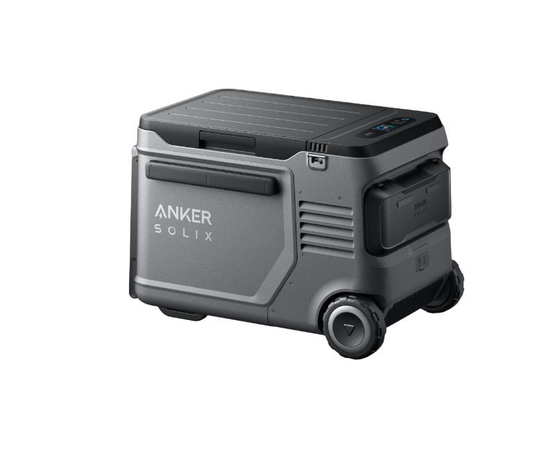 Image of Anker SOLIX portable electric cooler with rugged gray housing, side storage compartment and built-in wheels, angled front and side view on black background.