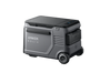 Image of Anker SOLIX portable electric cooler with rugged gray housing, side storage compartment and built-in wheels, angled front and side view on black background.