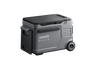 Image of Anker SOLIX portable electric cooler with rugged gray body, pull-out side tray and built-in wheels, angled front and side view on black background.