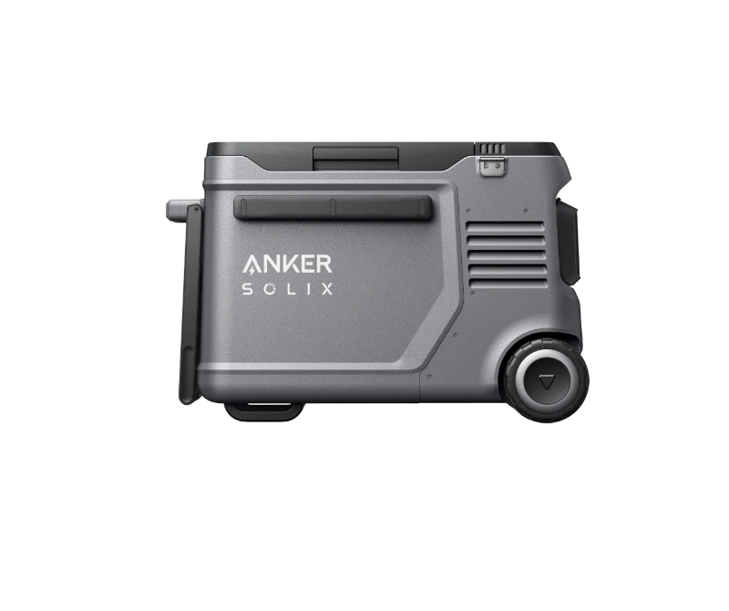 Image of Anker SOLIX portable electric cooler with rugged gray housing, side handle and integrated wheel, straight side profile view on black background.