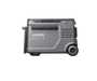 Image of Anker SOLIX portable electric cooler with rugged gray housing, side handle and integrated wheel, straight side profile view on black background.
