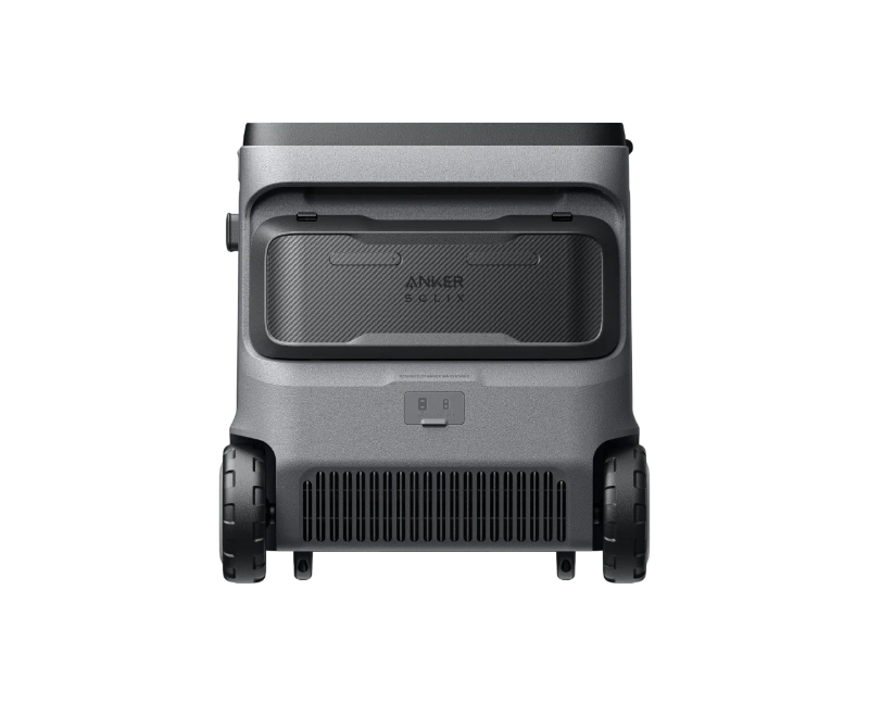 Image of Anker SOLIX portable electric cooler with rugged gray body, rear vent panel and dual wheels, straight rear view on black background.