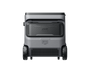 Image of Anker SOLIX portable electric cooler with rugged gray body, rear vent panel and dual wheels, straight rear view on black background.
