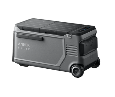 Image of Anker SOLIX EverFrost electric cooler with durable gray casing, closed dual lid, side battery compartment, wheels and handle visible, angled rear and side view on transparent background.
