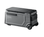 Image of Anker SOLIX EverFrost electric cooler with durable gray casing, closed dual lid, side battery compartment, wheels and handle visible, angled rear and side view on transparent background.