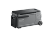 Image of Anker SOLIX EverFrost electric cooler with rugged gray exterior, closed lid, side handles and large wheels, angled front and side view on transparent background.