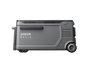 Image of Anker SOLIX EverFrost electric cooler with sturdy gray casing, closed lid, side handle and large wheel, full side profile view on transparent background.