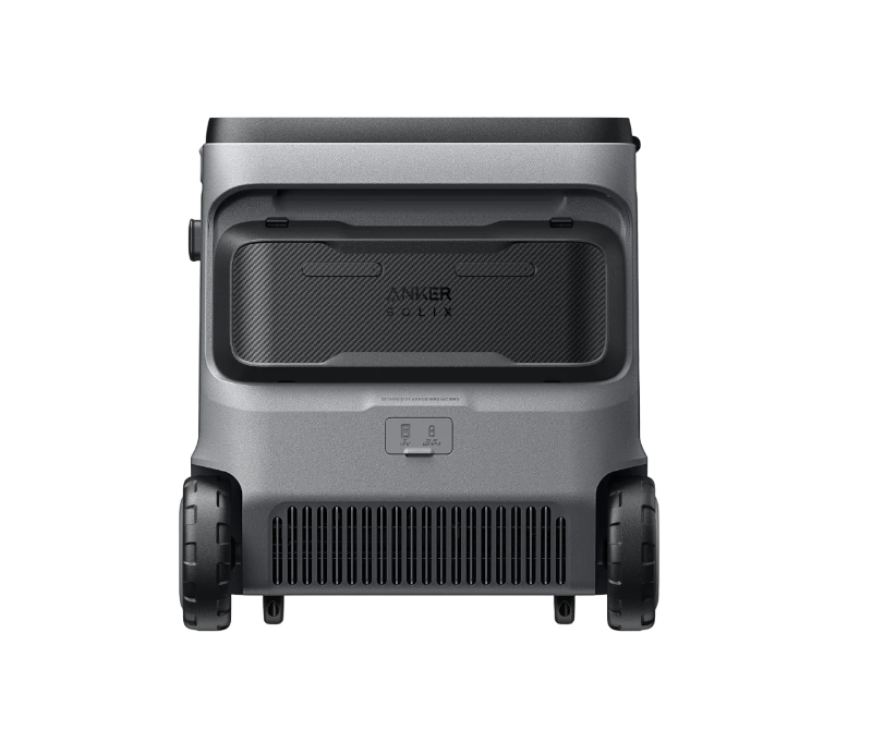 Image of Anker SOLIX EverFrost electric cooler with gray rugged housing, rear vent panel and dual wheels visible, straight rear view on transparent background.