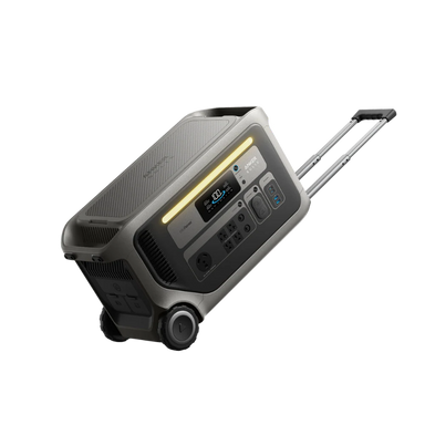 Image of Anker SOLIX F3000 portable power station with telescoping handle and wheels, front control panel and LED light visible, angled side view on transparent background.