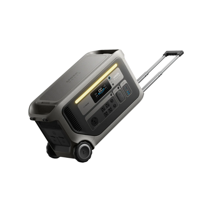 Image of Anker SOLIX F3000 portable power station with telescoping handle and wheels, front control panel and LED light visible, angled side view on transparent background.