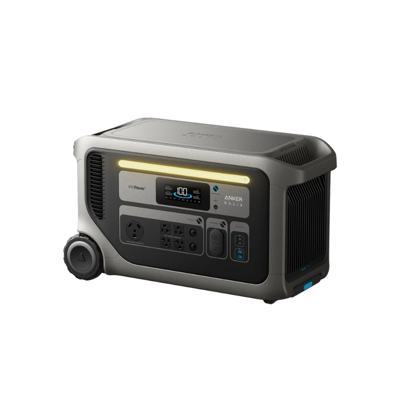 Image of Anker SOLIX F3000 portable power station with integrated LED light bar, front control panel and power ports visible, compact rectangular design with wheels, angled front and side view on transparent background.