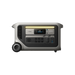 Image of Anker SOLIX F3000 portable power station with illuminated LED light bar, front-facing control panel and multiple power ports, rugged gray housing with wheels, straight-on front view on transparent background.