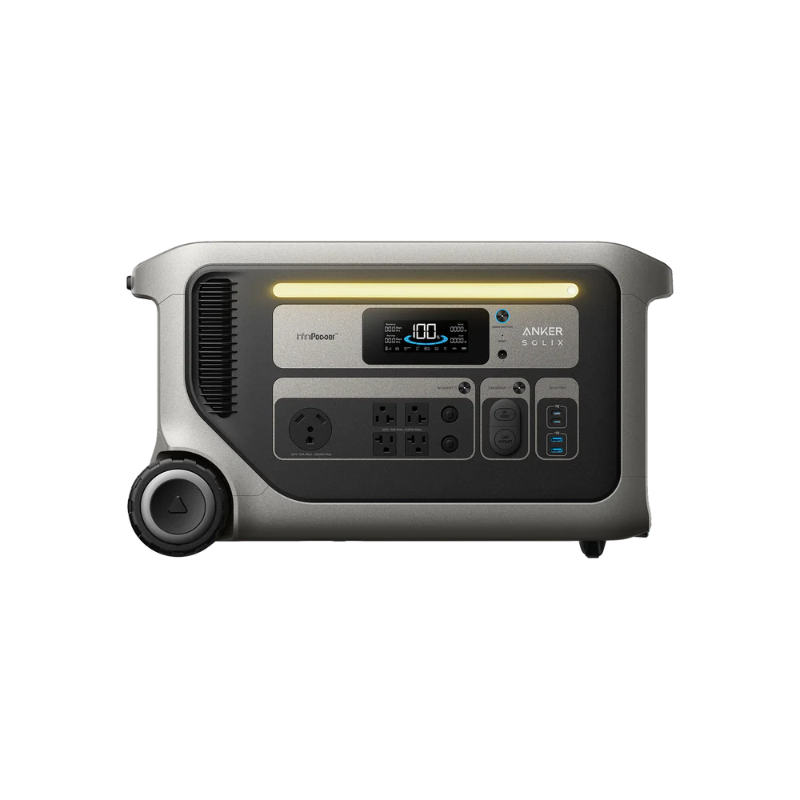 Image of Anker SOLIX F3000 portable power station with illuminated LED light bar, front-facing control panel and multiple power ports, rugged gray housing with wheels, straight-on front view on transparent background.