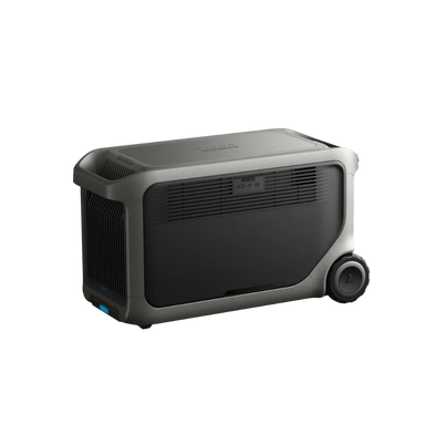 Image of Anker SOLIX F3000 portable power station showing rear ventilation panel and rugged gray housing with wheels, compact rectangular design, angled rear and side view on transparent background.