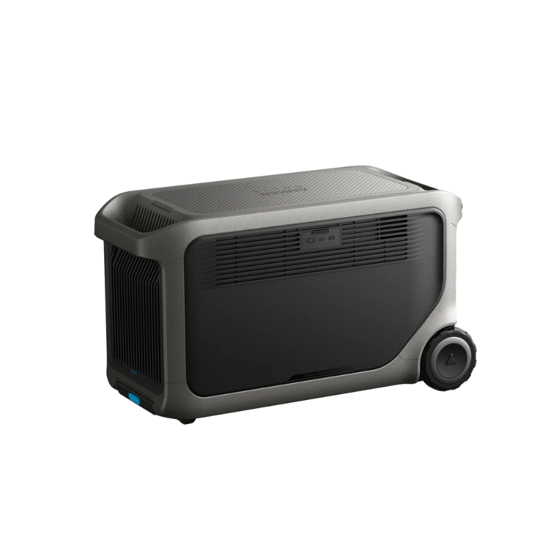Image of Anker SOLIX F3000 portable power station showing rear ventilation panel and rugged gray housing with wheels, compact rectangular design, angled rear and side view on transparent background.