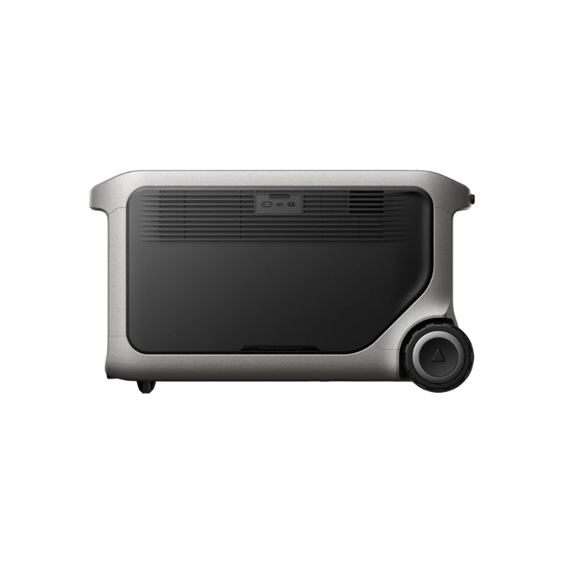 Image of Anker SOLIX F3000 portable power station showing rear ventilation panel and rugged gray casing with integrated wheels, rectangular low-profile design, straight-on rear view on transparent background.