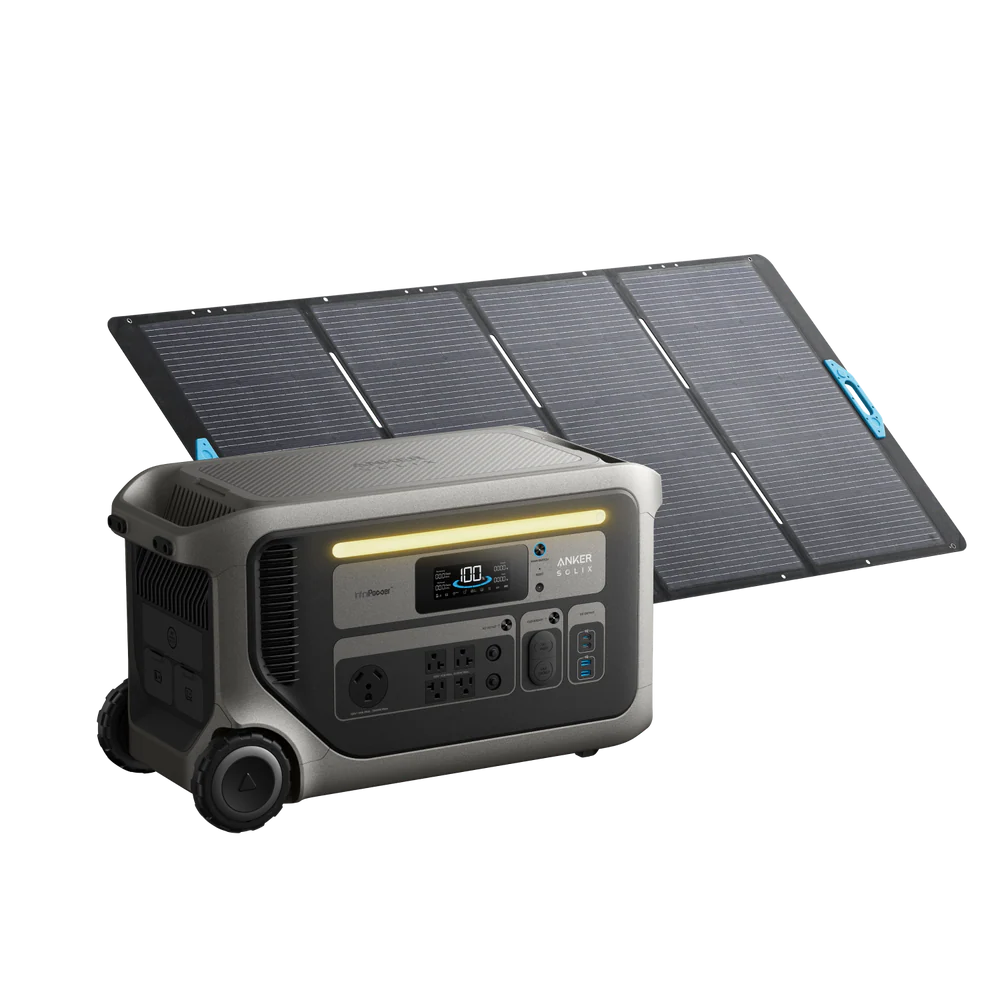 Image of Anker SOLIX F3000 portable power station paired with foldable solar panels, illuminated LED light bar and front power ports visible, rugged gray design with wheels, angled front and side view on transparent background.