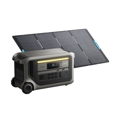 Image of Anker SOLIX F3000 portable power station paired with foldable solar panels, illuminated LED light bar and front power ports visible, rugged gray design with wheels, angled front and side view on transparent background.