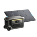 Image of Anker SOLIX F3000 portable power station paired with foldable solar panels, illuminated LED light bar and front power ports visible, rugged gray design with wheels, angled front and side view on transparent background.