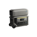 Image of Anker SOLIX F3000 portable power station with stacked expansion battery on top, illuminated LED light bar and front power ports visible, rugged gray wheeled design, angled front and side view on transparent background.
