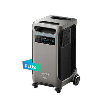 Image of Anker SOLIX F3800 Plus portable power station with wheels and carry handles, front and side angled view showing digital display and multiple power ports on a black background.