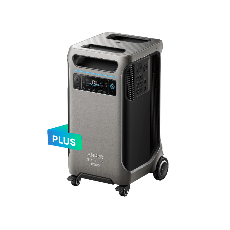 Image of Anker SOLIX F3800 Plus portable power station with wheels and carry handles, front and side angled view showing digital display and multiple power ports on a black background.